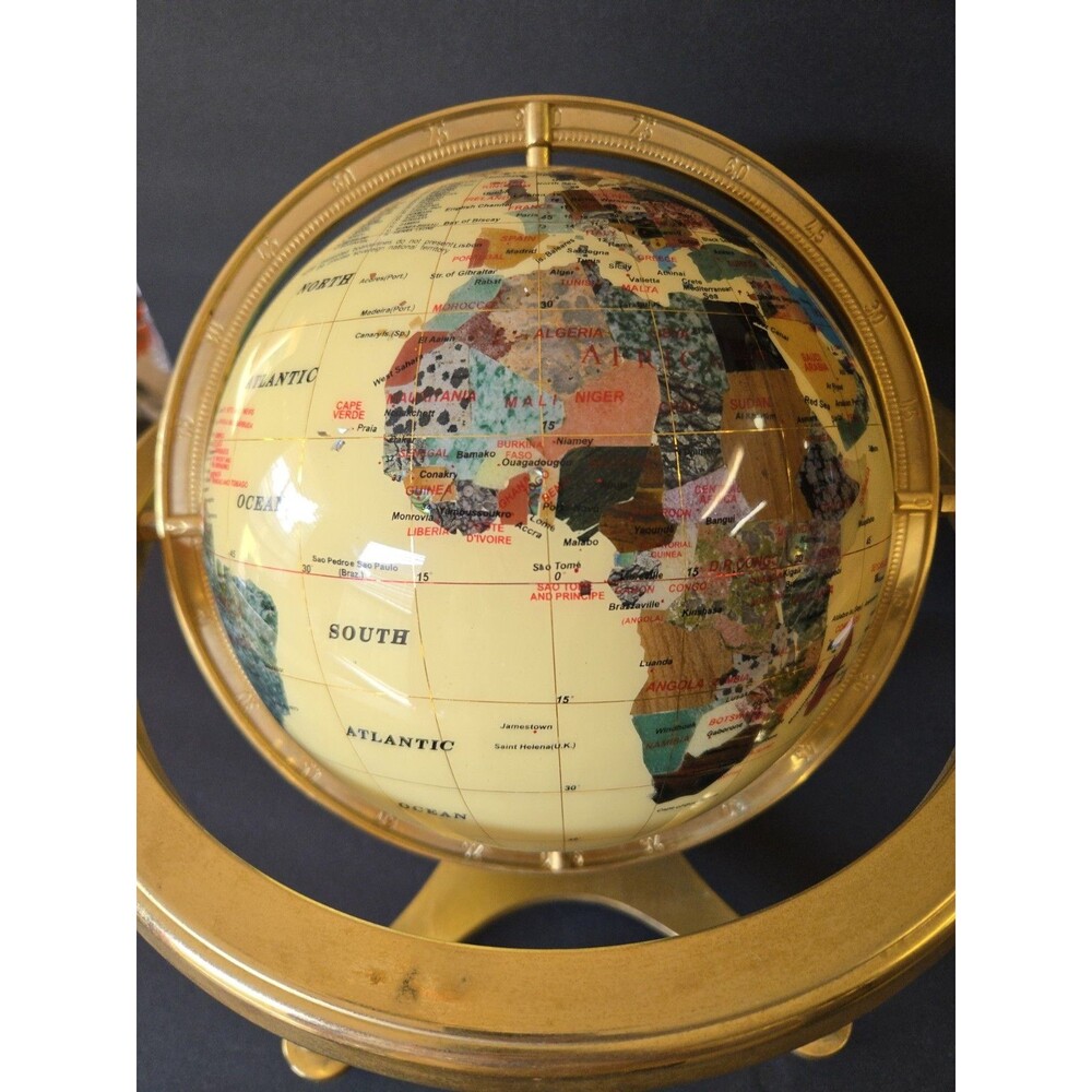 Vintage Semi Precious 15” Stone Mother Of Pearl Inlay Desktop Globe Brass Stand